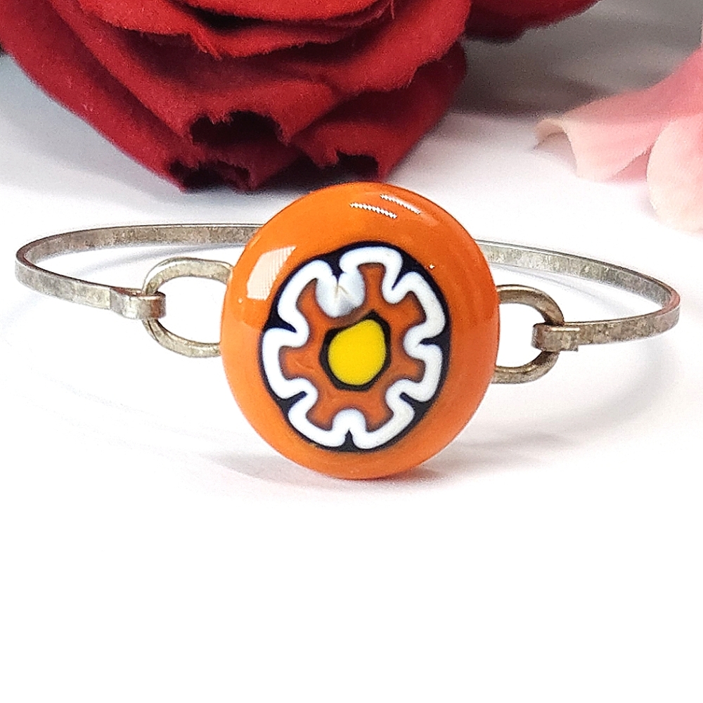 Vintage Venetian Orange Millefiori Silver Hinge Bracelet